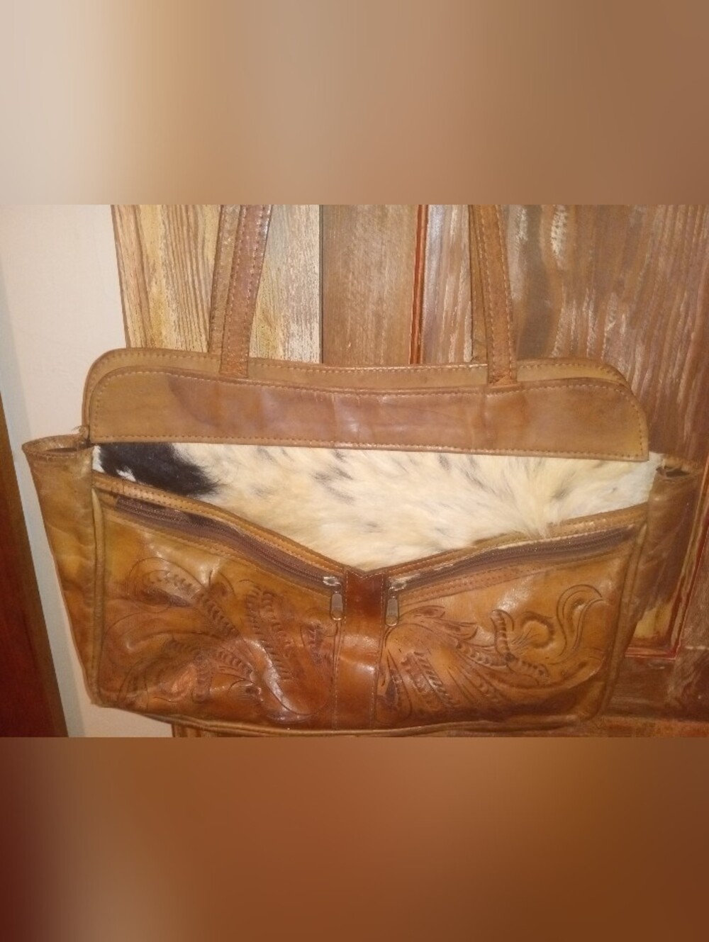 Vintage....custom Made Leather and Fur Tote Bag in Tan
